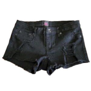 2b bebe Women's Distressed Black Denim Raw Hem Shorts with Lace Insert Detail